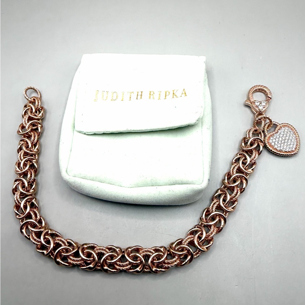 Judith Ripka Sterling Silver Rose Gold Byzantine Bracelet with Heart Charm